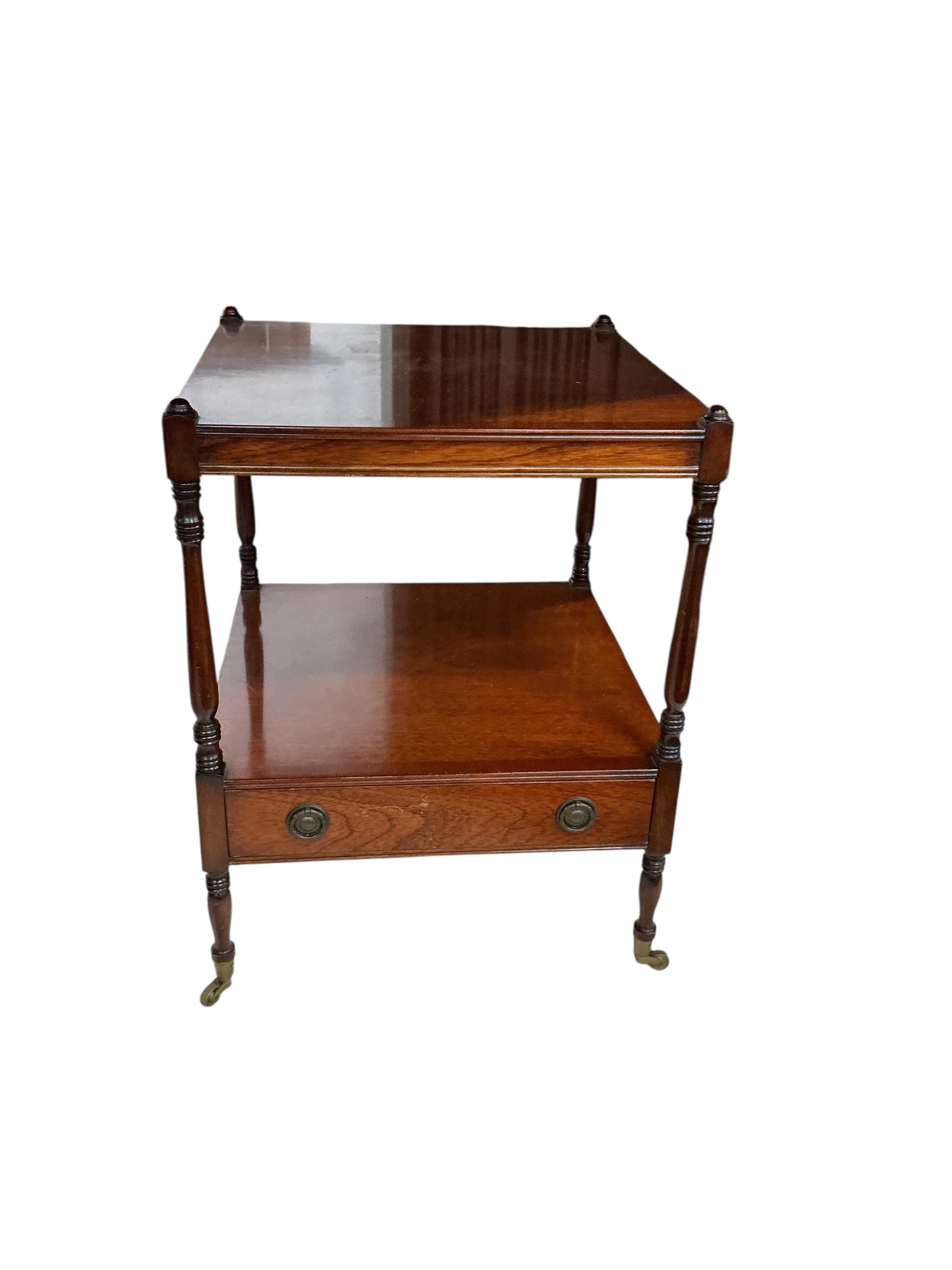 A pair of reproduction mahogany two tier tables, width 45cm, depth 46cm, height 59cm